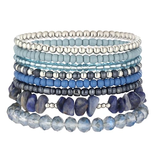 Noessla Boho Beaded Bracelets for Women Stackable Irregular Natural Stone Bead Stretch Bracelet Set 8PCS Costume Jewelry Gifts for Her - color: Navy Blue