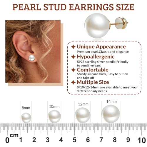 4 Pairs Pearl Stud Earrings - Hypoallergenic 14K Gold Plated 8mm-14mm Set Earrings for women Pearl Earrings Set for Sensitive Ears Classic Jewelry Gift for Birthday