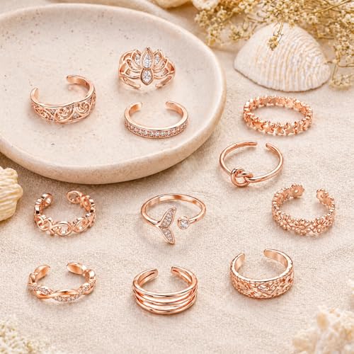 12PCS Toe Rings for Women 14K Gold/Silver Plated Adjustable Toe Ring Set Open Heart Arrow Infinity Rings Beach Foot Jewelry for Summer - color: Rose Gold3
