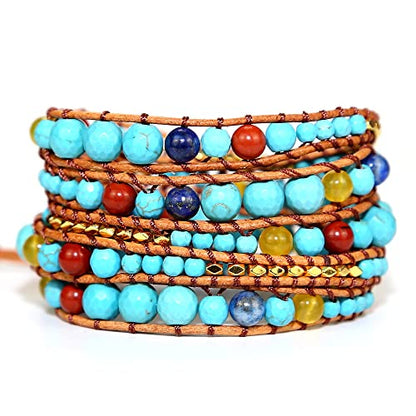 Boho Wrap Bead Bracelet for Women - Handmade Adjustable Natural Stone Beaded Bracelets Yoga Healing Bracelet Bangle Hippie Jewelry - color: Turquoise