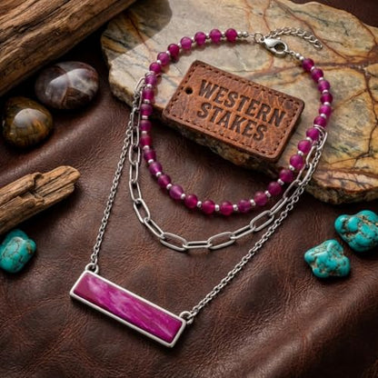 Layered Stone Necklace, Triple Strand Beaded Choker with Paperclip Chain, Boho Western Fashion Jewelry - color: Pink