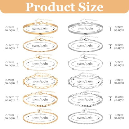 12pcs Gold/Silver Ankle Bracelets for Women Layered Waterproof 14k Cuban Link Chain Anklets Set Adjustable Dainty Summer Beach Gold Accessories Boho Bracelet Jewelry - style: 12PCS Style B