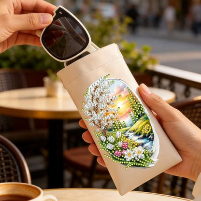 Diamond Art Painting Eye Glass Bag PU Sunglasses Glasses Storage Bag Built-in Glasses Cloth Press Automatic Closure - color: Landscape