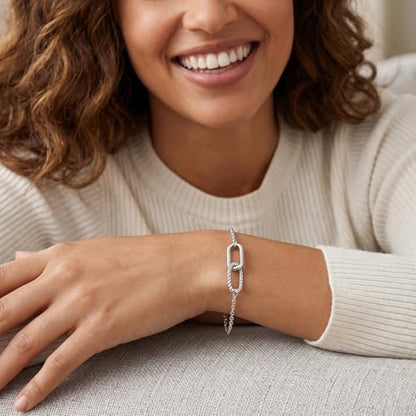 Dainty Lucky Four Leaf Clover Bracelets for Women, Trendy 14K Gold Plated Hypoallergeni Cubic Zirconia Bracelets Cute Paperclip Interlocking Adjustable Chain - color: Silver Paperclip Bracelet