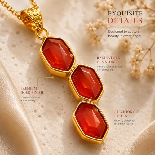 FCI 925 Sterling Silver Gold Plated Natural Carnelian Pendant – Triple Faceted Stone Artisan Design for Women, Premium Fine Gift