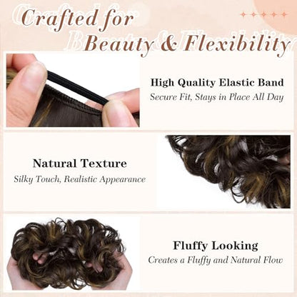 2PCS Messy Bun Hair Pieces Synthetic Hairpieces For Women | Messy Bun and Donut Bun in one set for natural-looking volume and elegant updos for every occasion. - color: Dark Brown with Caramel Highlights