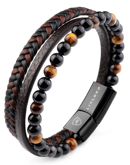 LONDON Mens Bracelet Leather Black Multi-Layer Stone Beads Adjustable Steel Clasp Viking Rope Bands Surfer Man Wristband Male UK Jewellery Gift box Boyfriend Dad Son Brother Tiger Eye - color: B. 19-22cm Black Brown Tiger-Eye Adjustable, size: Medium to L