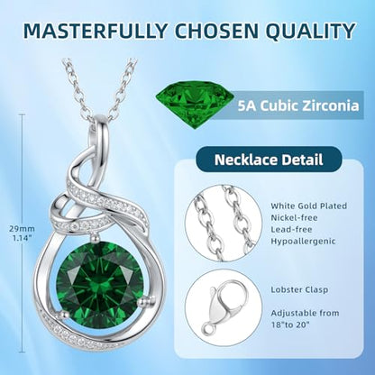 Teardrop Birthstone Necklace for Women 14K Gold/White Gold Elegant Ribbon Pendent Anniversary Love Birthday Gifts for Mom Women, 18"+2" Inches - color: White Gold-05-May Birthstone