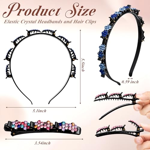 Suncalla 12 Pcs Headband with Clips Set for Women Girls, 6 Hairpin Headband, 6 Rhinestone Hair Clip, Flexible Double Layer Twist Plait Double Bangs Braided Hollow Woven Crystal Flower Hair Accessory