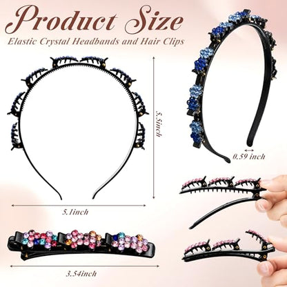 Suncalla 12 Pcs Headband with Clips Set for Women Girls, 6 Hairpin Headband, 6 Rhinestone Hair Clip, Flexible Double Layer Twist Plait Double Bangs Braided Hollow Woven Crystal Flower Hair Accessory