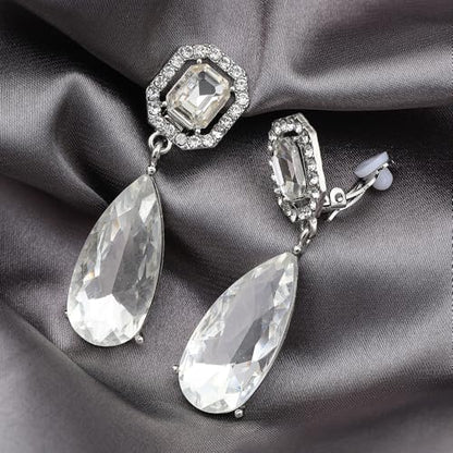 Gorgeous Long Austrian Crystal Teardrop Drop Dangle Clip On Earrings Non Pierced for Women - color: White,Silver