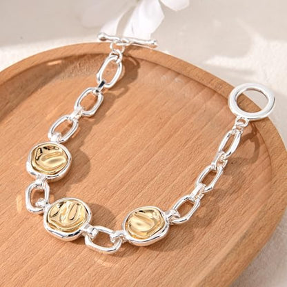 14K Gold & Silver Plated Lightweight Link Bracelet for Women | Stackable Bracelets ,14K Gold Plated Bracelets with CZ,Lightweight Trendy Chain Bracelet Jewelry Gift - style: round&silver chain