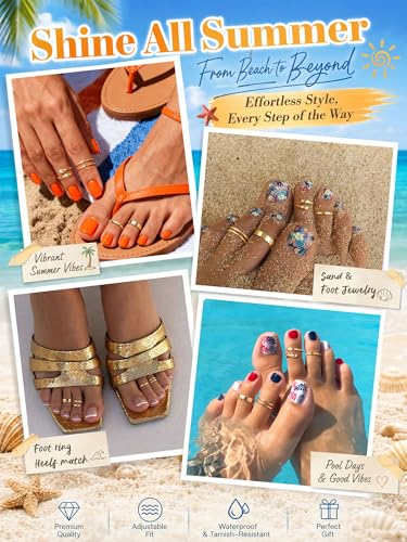4Pcs Toe Rings for Women Non Tarnish 14K Gold Filled Toe Ring Adjustable Flower CZ Band Wave Dainty Toe Ring Summer Beach Open Toe Rings Set Waterproof Toe Jewelry Foot Jewelry - color: Gold double row