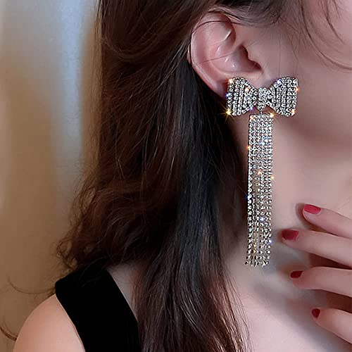 Long Fashion Bow Tassel Earrings Full Diamond Earrings Rhinestone Long Tassels Dangle Earrings for Women Girls - color: Silver
