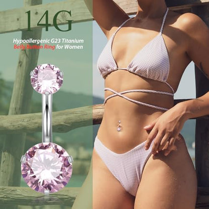 FUNLMO 14G Belly Button Ring Titanium Belly Button Piercing Belly Ring Internally Threaded Navel Piercing Jewelry - color: Silver-Pink CZ