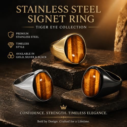 Stainless Steel Tiger Eye Obsidian Ring for Men Women, Oval Stone Signet Ring, Gold Silver Black Tone Stainless Steel Statement Jewelry Gift for Daily Wear - color: Gold Tiger Eye Stone