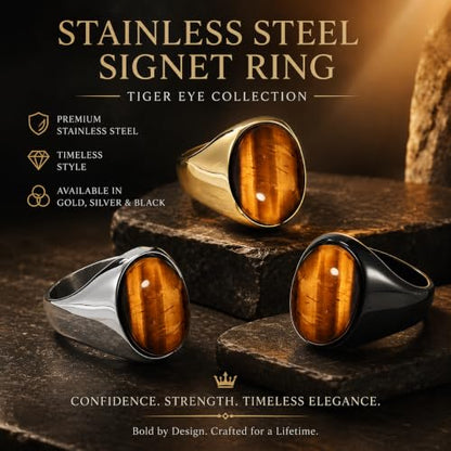 Stainless Steel Tiger Eye Obsidian Ring for Men Women, Oval Stone Signet Ring, Gold Silver Black Tone Stainless Steel Statement Jewelry Gift for Daily Wear - color: Gold Tiger Eye Stone
