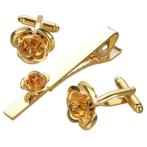 Pearl Rose Tie Clip Cufflinks Set for Men Gold Silver Gun-black Cufflinks and Tie Clip Groom Wedding Business Jewelry - style: Rose Set-Gold