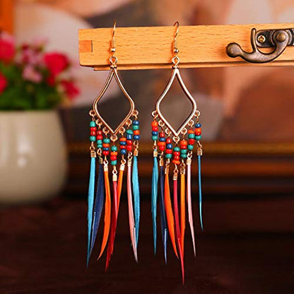 Gold Bohemian Earrings Set with Feather Tassel for Women