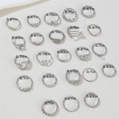 HUASAI Gold Stackable Rings Set for Women Boho Dainty Moon Star Pearl Leaf Cubic Zirconia Heart Midi Pinky Trendy Jewelry Birthday Gifts - color: C Silver 23 Pcs