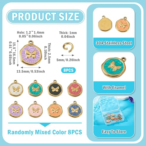 8Pcs Cute Butterfly Enamel Charms Stainless Steel Pendant Mixed Color Flat Round with Butterfly Dangle Charm Golden for DIY Necklace Earring Keychain Jewelry Making - color: Butterfly