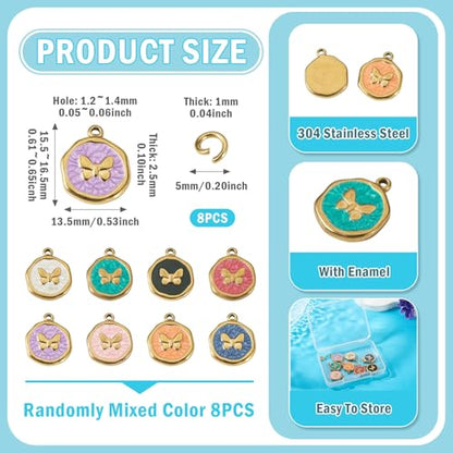 8Pcs Cute Butterfly Enamel Charms Stainless Steel Pendant Mixed Color Flat Round with Butterfly Dangle Charm Golden for DIY Necklace Earring Keychain Jewelry Making - color: Butterfly