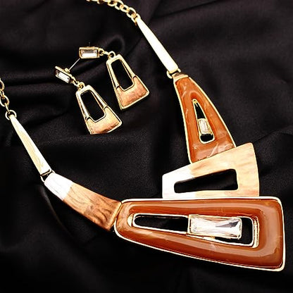 SFE Irregular Enamel Triangle Shape shell Collar Bib Bohemian Boho Statement Necklace Earrings Fashion Costume Jewelry Set for Women - color: Champagne-Gold Plated