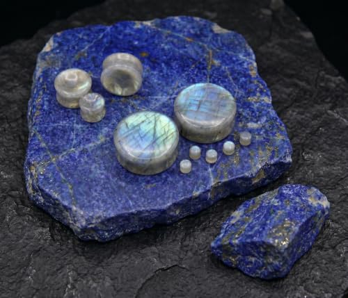 Pair of White Labradorite Stone Saddle Plug Double Flare Ear Lobe Plugs E604A - size: 9/16 Inch (14mm)