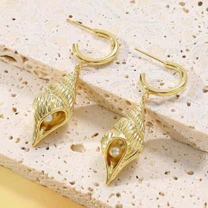 Dangle Gold Charm Earrings for Women 14K Gold Plated Bow Cherry Rose Zirconia Dragonfly Love Heart Wing Cross Pearl Conch Seashell Huggie Hoop Earring Drop Cross Trendy Party Jewelry Gifts for Women - style: Conch Shell