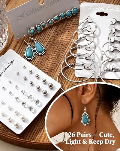 FAXHION 73PCS Western Silver Jewelry Set for Women, Boho Layered Necklaces & Stackable Rings Set, 14 Necklaces 15 Bracelets 26 Earrings 18 Knuckle Rings, Vintage Costume Jewelry Gift