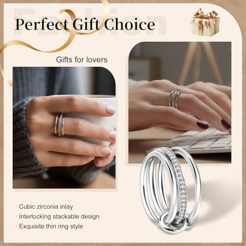 Stackable Rings Women Non Tarnish 18K Gold CZ Interlocking Ring Set | 18K Gold Plated, Hypoallergenic & Non Tarnish, Cubic Zirconia, Mixed Metals, Dainty Stacking Set, Gift for Her - color: silvery