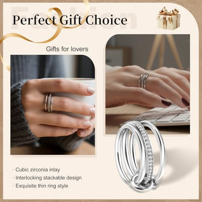 Stackable Rings Women Non Tarnish 18K Gold CZ Interlocking Ring Set | 18K Gold Plated, Hypoallergenic & Non Tarnish, Cubic Zirconia, Mixed Metals, Dainty Stacking Set, Gift for Her - color: silvery