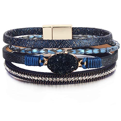 Boho Chunky Leather Wrap Bracelets Stackable Beaded Western Country Jewelry | Crystal Bead Trendy Layered Cuff Magnetic Clasp Stack Bohemian Statement Costume Outfits Cowgirl Fashion Hippie Accessories - color: Navy Blue, size: 7.7"