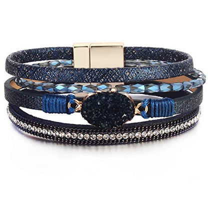 Boho Chunky Leather Wrap Bracelets Stackable Beaded Western Country Jewelry | Crystal Bead Trendy Layered Cuff Magnetic Clasp Stack Bohemian Statement Costume Outfits Cowgirl Fashion Hippie Accessories - color: Navy Blue, size: 7.7"