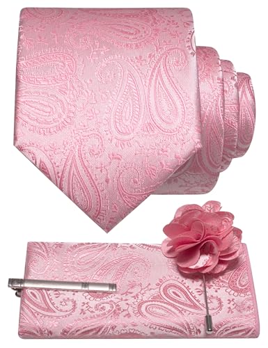 JEMYGINS Mens Paisley Tie and Lapel Pin Necktie Pocket Square and Tie Clip with Sets for Business Casual 4PCS - color: Pink