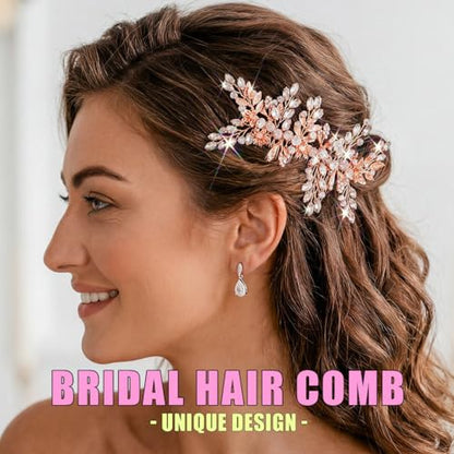 JAKAWIN Bridal Hair Comb Wedding Hair Accessories Rhinestone Hair Clip | Rose Gold Prom Bride Headpiece for Women - color: C Rose Gold