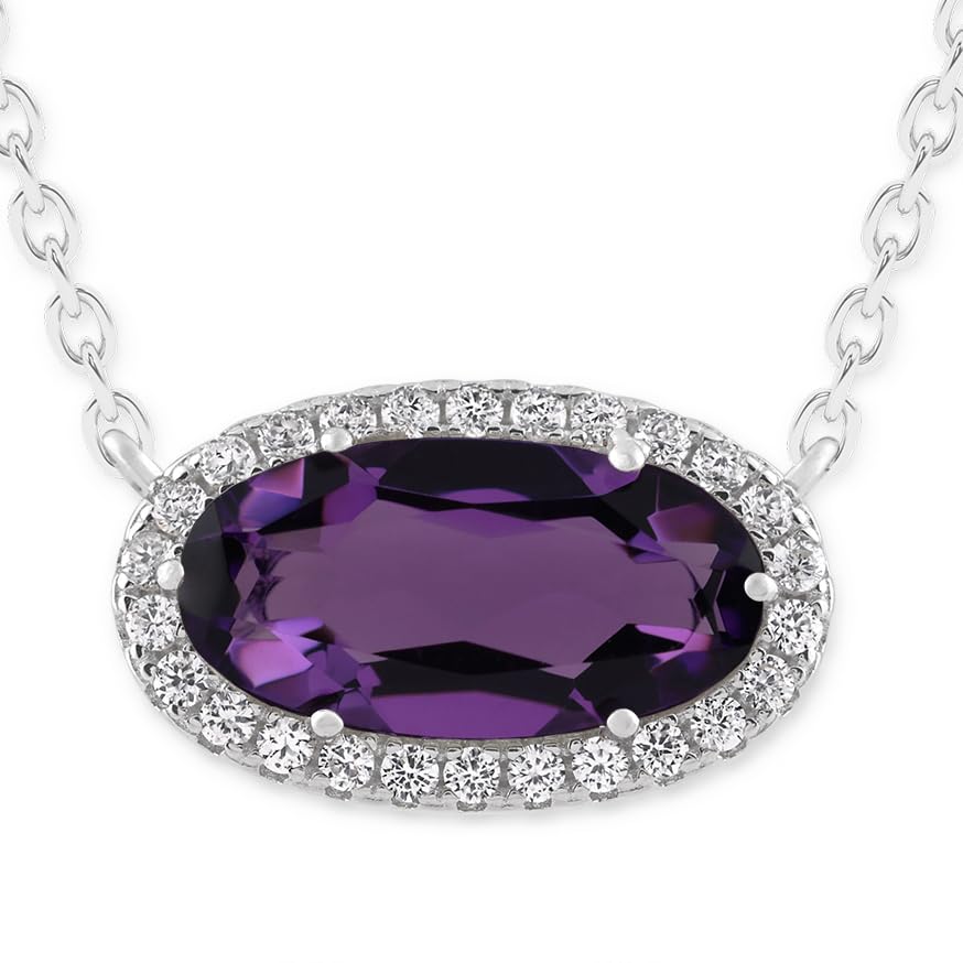 Belacqua Gemstone Necklace in Sterling Silver,Halo Pendant with Accent, Oval Cut 6 * 12mm, 15" Cable Chain with 2" Extender, Spring Ring Clasp, Dainty Birthstone Necklace for Women, Gift Box Included - color: 02-February-Amethyst Purple