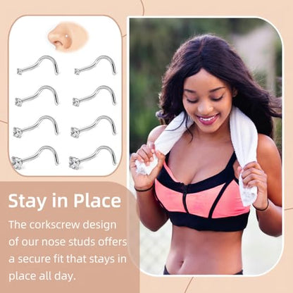 8Pcs 316L Surgical Stainless Steel 20G Nose Studs Set, High Polish Finish Corkscrew Nose Rings, Clear Cubic Zirconia, Size 1.5-3MM - size: For Men: 8Pcs/20g/1.5/2.0/2.5/3.0mm
