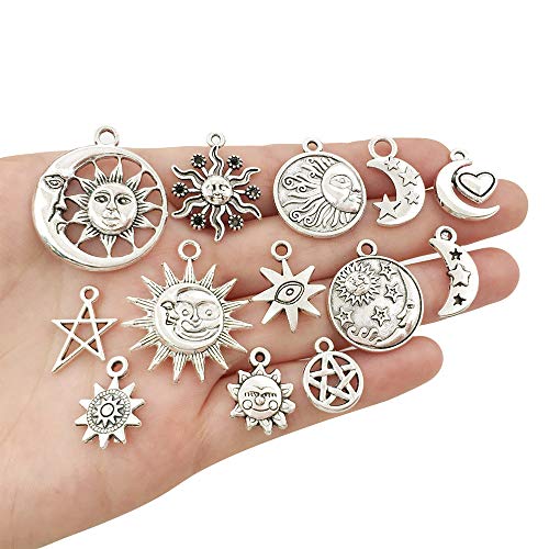 100 pcs Craft Supplies Mixed Antique Silver Sun Moon Stars Charms Pendants for Crafting Jewelry Findings Making Accessory for DIY Necklace Bracelet (M417) - color: Moon Sun Star