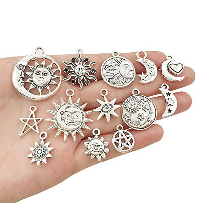 100 pcs Craft Supplies Mixed Antique Silver Sun Moon Stars Charms Pendants for Crafting Jewelry Findings Making Accessory for DIY Necklace Bracelet (M417) - color: Moon Sun Star