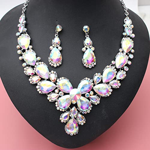 Women's Wedding Bridal Austrian Crystal Glass Teardrop Statement Necklace Dangle Earrings Bracelet Ring Wedding Party Jewelry Set for Bridal Bridesmaid - color: AB Crystal-Platinum Plated