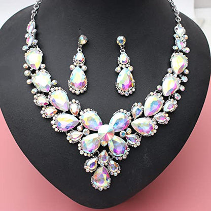 Women's Wedding Bridal Austrian Crystal Glass Teardrop Statement Necklace Dangle Earrings Bracelet Ring Wedding Party Jewelry Set for Bridal Bridesmaid - color: AB Crystal-Platinum Plated