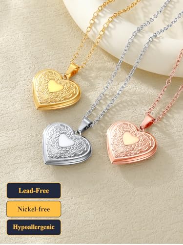 U7 Women Locket Necklace, Heart Photo Lockets Hold Picture, Gift Box Packed | Gold/Silver/Rose Locket Charm, Custom Picture and Engravement Heart Pendant, 20" Chain, Personalized Gift for Mom Wife Friend - color: 01# (Hot!)Platinum Heart
