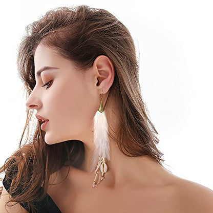 Bohemian Feather Dangle Earrings for Women with Shell Beads Long Tassel Design Drop Earrings - style: Style-Pure White