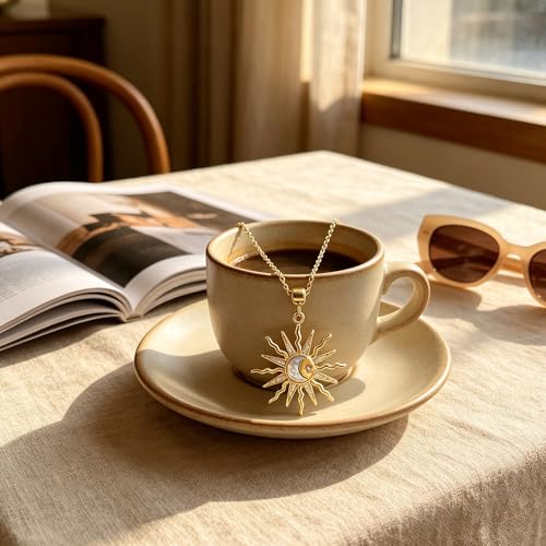 Gold Sun Moon Necklace for Women Crystal Sunburst Star Pendant Necklace Non Tarnish Trendy Elegant Jewelry Accessories