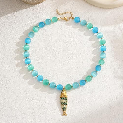 Fish Necklace for Women Sardine Pendant Necklace Summer Fishing Choker Necklace Boho Beach Jewelry - color: KKWX602