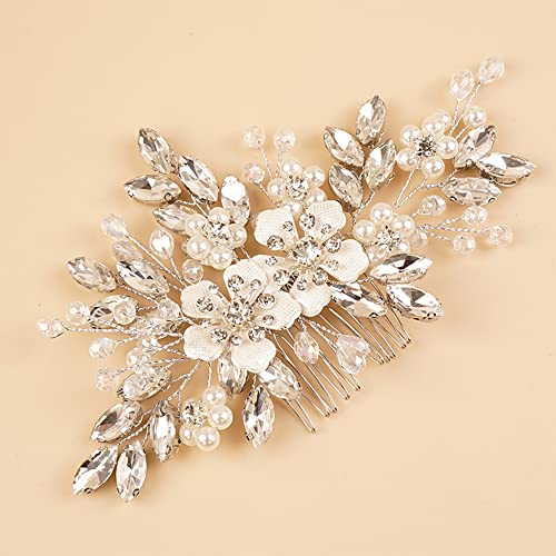 Kercisbeauty Wedding Bridal Silver Hair Comb Crystal Flower Hair Piece for Women Girls Banquet Jewelry (Silver) - color: Silver
