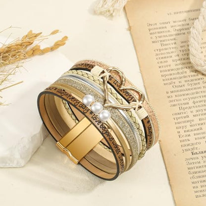 Desimtion Inspirational Tree of Life Boho Leather Wrap Bangle Bracelets for Women, Teen Girl Gifts Trendy Stuff, Fashion Accessories Jewelry Gifts for Women Girls - color: Beige-heart