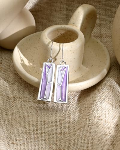 Silver Dangle Earrings for Women Shaped Rectangle Wide Bar Enamel Earrings Colorful Geometric Drop for Daily - color: Purple