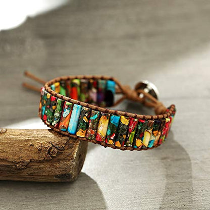 Plumiss Women Boho Handmade Natural Stone Crystal Leather Bead Wrap Bracelets Collection - style: Colorful Jasper 1W